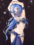  1girl armlet armpits arms_up bangle blue_eyes blue_hair blue_skirt bracelet breasts brown_background chaesu circlet cleavage commentary cowboy_shot dancer egyptian_clothes english_commentary hip_vent jewelry long_hair looking_at_viewer minah_(chaesu) mouth_veil navel necklace original parted_lips see-through simple_background skirt small_breasts solo stomach strapless twitter_username very_long_hair 