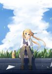  1girl :3 absurdres bangs black_legwear black_ribbon blonde_hair blue_eyes blue_skirt blue_sky book_on_lap closed_mouth cloud collared_shirt day floating_hair grass grey_vest hair_ribbon head_rest highres long_hair miniskirt outdoors panties paper_airplane red_ribbon revival ribbon saenai_heroine_no_sodatekata sailor_collar sailor_shirt sawamura_spencer_eriri school_uniform shirt skirt sky solo striped striped_panties swept_bangs thighhighs twintails underwear very_long_hair vest white_sailor_collar white_shirt 