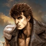  1boy blue_sky brown_eyes brown_hair closed_mouth cloud commentary_request frown hokuto_no_ken jacket kenshiro leather leather_jacket light looking_at_viewer male_cleavage manly muscular muscular_male serious short_hair shoulder_pads sky solo tsunetarou_(yasu) upper_body veins 