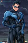  1boy abs bara biceps black_bodysuit black_hair blush bodysuit bulge closed_mouth covered_nipples dc_comics domino_mask erection erection_under_clothes grelxb highres large_pectorals male_focus mask muscular night night_sky nightwing nipples patreon_username pectorals short_hair skin_tight sky solo star_(sky) thick_thighs thighs twitter_username watermark web_address 