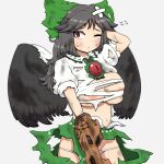  1girl areola_slip areolae arm_cannon bandaid bandaid_on_face bird_wings black_hair black_wings blouse blush bow breasts buttons camp_of_hunger cape collared_blouse commentary_request damaged dress frilled_skirt frills green_bow green_skirt hair_bow huge_breasts kneehighs long_hair one_eye_closed panties puffy_short_sleeves puffy_sleeves red_eyes reiuji_utsuho scratches shirt short_sleeves skirt solo third_eye torn_clothes torn_dress torn_legwear torn_shirt torn_skirt touhou underwear weapon white_blouse white_cape wings 