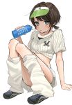  1girl alternate_costume blue_eyes blush bottle brand_name_imitation chiba_lotte_marines collarbone crop_top eyebrows_visible_through_hair highres hololive kneehighs knees_up looking_at_viewer miniskirt nippon_professional_baseball oozora_subaru owatat_t pocari_sweat short_hair simple_background sitting skirt solo sweat virtual_youtuber water_bottle white_background 