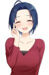  1girl ^_^ ^o^ ahoge bangs blush breasts cleavage closed_eyes collarbone dark_blue_hair forehead hand_up head_tilt highres idolmaster idolmaster_(classic) idolmaster_million_live! medium_breasts miura_azusa open_mouth parted_bangs red_shirt shirt short_hair simple_background smile solo tennen_inari upper_body v-neck white_background 