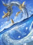  blue_sky cloud commentary day digimon digimon_(creature) dripping glint highres metalseadramon monster no_humans open_mouth outdoors partially_underwater_shot sea_serpent sharp_teeth sky solo spareribs sparkle teeth water water_drop 
