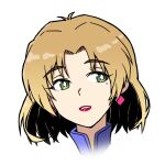  akagi_ritsuko blonde_hair blue_shirt commentary diamond_earrings earrings eyebrows_visible_through_hair green_eyes high_collar jewelry lipstick looking_at_viewer makeup neon_genesis_evangelion sasihmi shirt short_hair simple_background solo tagme white_background 