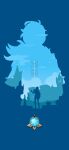  1boy absurdres blue_theme boots building cape cloud fantasy genshin_impact highres incredibly_absurdres kaeya_(genshin_impact) mryu plant potted_plant short_hair silhouette sky solo sparkle standing vision_(genshin_impact) 