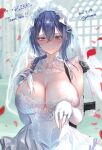  1girl bangs blue_hair blurry blurry_background blush braid breasts bridal_veil cleavage commentary commission crying crying_with_eyes_open dated dp-12_(girls&#039;_frontline) dress elbow_gloves english_commentary eyebrows_visible_through_hair girls&#039;_frontline gloves grey_eyes gun hair_between_eyes happy_tears highres jewelry large_breasts long_hair looking_at_viewer petals pottsness ring second-party_source shotgun skeb_commission smile solo tears twitter_username upper_body veil weapon weapon_on_back wedding_band wedding_dress white_dress white_gloves 