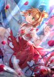  1girl bangs blush brown_hair butterfly_wings cardcaptor_sakura crown dress flower gloves green_eyes hair_between_eyes hair_intakes hair_ornament heart heart_hair_ornament kinomoto_sakura layered_dress mini_crown parted_lips petals red_dress red_flower red_rose rose shan_tong_tong shiny shiny_hair short_hair sidelocks signature sleeveless sleeveless_dress solo striped vertical-striped_dress vertical_stripes white_dress white_gloves wings 