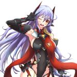  1girl absurdres android blush_stickers breasts highres joints large_breasts leotard long_hair mechanical_parts nithros one_eye_closed open_mouth poppi_(xenoblade) poppi_qtpi_(xenoblade) purple_hair robot_ears robot_joints scarf solo xenoblade_chronicles_(series) xenoblade_chronicles_2 