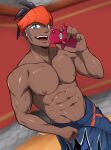  1boy abs alternate_pectoral_size bara black_hair blue_eyes dark-skinned_male dark_skin earrings gen_4_pokemon highres holding holding_phone jewelry kuroshinki male_focus muscular muscular_male navel open_mouth phone pokemon pokemon_(game) pokemon_swsh raihan_(pokemon) rotom rotom_phone short_hair smile solo towel towel_around_waist undercut 