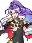  1girl alternate_costume bare_shoulders betabetamaru black_dress black_feathers blue_ribbon book cape dress earrings eyebrows_visible_through_hair fire_emblem fire_emblem:_genealogy_of_the_holy_war fire_emblem_heroes hair_ornament hair_ribbon hairband highres holding holding_book jewelry long_hair looking_at_viewer magic official_alternate_costume one_eye_closed open_mouth outstretched_hand ponytail purple_eyes purple_hair red_hairband ribbon sidelocks solo tailtiu_(fire_emblem) twitter_username upper_teeth very_long_hair white_background 