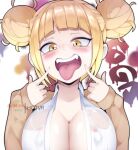  1girl artist_name bangs blonde_hair blunt_bangs blush boku_no_hero_academia breasts cleavage collared_shirt commentary covered_nipples double_bun dress_shirt english_commentary fangs hands_up hot_vr large_breasts long_sleeves looking_at_viewer messy_hair no_bra open_clothes open_mouth open_shirt patreon_username pixiv_username pointing pointing_at_self shiny shiny_hair shirt sidelocks sleeves_past_wrists splatter_background toga_himiko tongue tongue_out upper_body upper_teeth watermark wet wet_clothes wet_shirt white_background white_shirt yellow_eyes 