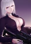  1girl artist_name bandaged_neck bandages breasts cleavage collarbone eyebrows_visible_through_hair filha girls&#039;_frontline gun highres holding holding_weapon lips looking_at_viewer medium_breasts medium_hair open_clothes open_shirt purple_eyes purple_shirt rpk-16 rpk-16_(girls&#039;_frontline) shirt silver_hair simple_background smile solo weapon white_hair 