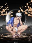  1boy alcohol blue_eyes drink falling_petals flower full_moon fundoshi geta gojou_satoru haori headband holding holding_drink japanese_clothes jujutsu_kaisen looking_at_viewer male_focus male_underwear moon mosi_l open_clothes pectorals petals sake scar_on_leg short_hair solo squatting sweat sweatdrop thighs toned toned_male underwear wet wet_clothes wet_male_underwear white_hair white_male_underwear wristband 