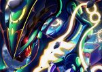  black_sclera blurry bright_pupils claws colored_sclera commentary_request fangs gen_3_pokemon glowing glowing_eyes legendary_pokemon looking_to_the_side mega_pokemon mega_rayquaza no_humans open_mouth pokemon pokemon_(creature) rayquaza red_eyes ririri_(user_rkrv7838) rock solo white_pupils 