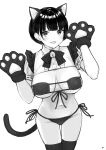  1girl :d absurdres animal_ears animal_hands bangs bell bikini blush bow breasts cat_ears cat_tail center_frills collared_shirt commentary_request frills front-tie_bikini front-tie_top gloves greyscale groin hands_up highres jingle_bell large_breasts monochrome navel open_mouth original paw_gloves puffy_short_sleeves puffy_sleeves ribbon-trimmed_sleeves ribbon_trim shirt short_hair short_sleeves shrug_(clothing) side-tie_bikini simple_background smile swimsuit tail takenoko_no_you thigh_gap thighhighs white_background 