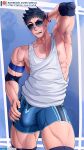  1boy bara bare_pectorals black_hair blue_shorts bulge elbow_pads grelxb highres knee_pads large_pectorals looking_at_viewer male_focus muscular muscular_male nipples open_mouth original patreon_username pectorals short_hair shorts smile solo sunglasses tank_top teeth thick_thighs thighs twitter_username white_tank_top wristband 