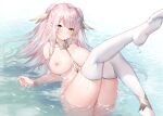  blush breasts feathers green_eyes halo long_hair nipples nude original pink_hair pointed_ears pussy sora_72-iro thighhighs twintails uncensored water wet wings 