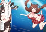  3girls ? air_bubble air_groove_(umamusume) alternate_eye_color animal_ears bikini blue_eyes blue_swimsuit breath brown_hair bubble competition_school_swimsuit daiwa_scarlet_(umamusume) earrings fish freediving frilled_bikini frills hair_over_one_eye horse_ears horse_girl hoxutixu jewelry long_hair multicolored_hair multiple_girls notice_lines official_alternate_costume pun purple_eyes single_earring swimming swimsuit symboli_rudolf_(umamusume) translated twintails umamusume underwater white_hair 