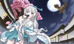  1girl architecture bangs bird blue_eyes byeoljagga cherry_blossoms chinese_clothes cloud cloudy_sky commission earrings east_asian_architecture hair_between_eyes hair_ornament hand_fan hawk highres holding holding_fan honkai_(series) honkai_impact_3rd jewelry lantern looking_at_viewer moon night night_sky open_mouth outdoors petals sky solo teeth theresa_apocalypse theresa_apocalypse_(starlit_astrologos) tree white_hair zhuge_kongming_(honkai_impact) 