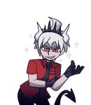  1boy bangs bini_(xocolatl_501) black_gloves black_neckwear commentary_request cosplay crown danganronpa_(series) danganronpa_2:_goodbye_despair demon_boy demon_horns demon_tail gloves helltaker hinata_hajime hinata_hajime_(awakened) horns leaning_forward looking_at_viewer lucifer_(helltaker) lucifer_(helltaker)_(cosplay) male_focus necktie red_eyes red_shirt shirt short_hair smirk solo sparkle tail transparent_background white_hair white_horns 