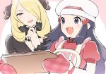  2girls :d apron black_hair blonde_hair chef_hat coat commentary_request cynthia_(pokemon) dawn_(pokemon) dress eyelashes fur_collar grey_eyes hair_ornament hand_up hat highres holding holding_tray long_hair multiple_girls official_alternate_costume open_mouth oven_mitts pokemon pokemon_(game) pokemon_dppt pokemon_masters_ex short_sleeves smile tongue tray tudurimike white_headwear 