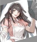  1girl :d apron bandaged_arm bandages bangs black_hair brown_eyes danganronpa_(series) danganronpa_2:_goodbye_despair eyebrows_visible_through_hair grey_background hand_up long_hair looking_at_viewer mole mole_under_eye open_mouth pink_shirt puffy_short_sleeves puffy_sleeves shirt short_sleeves simple_background smile tanu0706 tsumiki_mikan upper_teeth white_apron white_background 