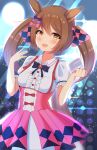 1girl :d animal_ears bow brown_hair clenched_hand dress eyebrows_visible_through_hair feet_out_of_frame frilled_sleeves frills gem hair_between_eyes hair_ornament hands_up highres horse_girl horse_tail kawaiipony2 lights looking_at_viewer open_mouth pink_bow pink_dress purple_bow shirt smart_falcon_(umamusume) smile solo sparkle_background stage_lights tail twintails umamusume white_shirt yellow_eyes 