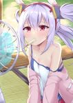  acchii_(akina) azur_lane bangs bare_shoulders breasts camisole cleavage collarbone commentary_request electric_fan eyebrows_visible_through_hair food food_in_mouth hairband highres in_mouth indoors jacket laffey_(azur_lane) light_purple_hair off_shoulder open_door pink_jacket popsicle porch red_eyes sidelocks sitting small_breasts strap_slip sweat tatami wooden_floor 