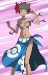  1girl black_hair blue_eyes blue_sarong breasts constricted_pupils feet_out_of_frame floral_print flower hair_flower hair_ornament hands_up highres looking_at_viewer medium_breasts navel nipples phoebe_(pokemon) poke_ball_print pokemon pokemon_(game) pokemon_rse sarong short_hair solo speed_lines standing stomach sweat tan topless torn_clothes torn_legwear tsukishiro_saika wide-eyed 