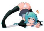  1girl aqua_eyes aqua_hair arm_rest ass bangs black_footwear black_legwear black_sleeves blue_neckwear boots commentary detached_sleeves flexible full_body grey_shirt grey_skirt hair_ornament hatsune_miku highres hiragi_(hitoriwolf) jack-o&#039;_challenge long_hair looking_at_viewer meme nail_polish necktie panties pleated_skirt pose shadow shirt simple_background skirt skirt_flip smile solo spread_legs stretch string_panties thigh_boots thighhighs thong tied_hair tiptoes top-down_bottom-up twintails underwear vocaloid white_background white_panties wide_spread_legs 