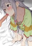  1boy 1girl ahoge azuse_neko braid downblouse fellatio food_print green_shirt grey_eyes grey_hair hetero hoshi_syoko mushroom mushroom_print oral penis shirt side_braid single_braid 