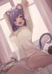  1girl ahoge animal_ears breasts cat cat_ears cat_tail highres hololive large_breasts morning naked_shirt nekomata_okayu on_bed purple_eyes purple_hair see-through_shirt shirt sora_no_tori stretch tail temari_(nekomata_okayu) virtual_youtuber window 