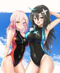  2girls :d absurdres arm_up armpits arms_behind_back bangs barcode barcode_tattoo bare_shoulders black_hair blue_hair blue_sky blush braid breasts closed_mouth cloud commentary competition_swimsuit covered_navel cowboy_shot day epic_seven eyebrows_visible_through_hair facial_mark flan_(epic_seven) hair_between_eyes hand_in_hair highres landy_(epic_seven) large_breasts long_hair looking_at_viewer medium_breasts multicolored_hair multiple_girls neon_trim one-piece_swimsuit open_mouth outdoors pink_hair round_teeth side_braid sky smile streaked_hair sweat swimsuit tattoo teeth twitter_username two-tone_swimsuit two_side_up twomoon upper_teeth yellow_eyes 
