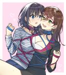  2girls bangs black_hair black_jacket black_skirt blue_collar blue_eyes bound breasts brown_hair cleavage collar collarbone eyebrows_visible_through_hair glasses green_eyes hair_behind_ear heart hero-san_to_moto_onna_kanbu-san highres holding holding_leash honey_trap_(hero-san_to_moto_onna_kanbu-san) honjou_hayate jacket leash multiple_girls open_mouth purple_collar shirt skirt somechime_(sometime1209) striped striped_shirt surprised tied_up white_background yuri 