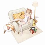  1girl animal_ears bangs bare_arms bigxixi blue_eyes book breasts brown_hair cat commentary cup dress duplicate eyebrows_visible_through_hair feet full_body hair_between_eyes hair_ornament hairclip highres holding holding_cup lion_ears lion_girl lion_tail long_hair medium_breasts no_shoes on_chair orange_hair original panties panties_under_pantyhose pantyhose pixel-perfect_duplicate short_dress sitting solo strap_slip stuffed_animal stuffed_toy tail underwear white_dress white_legwear white_panties 