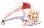  1girl ahoge arm_rest ass bangs blonde_hair blush braid breasts buruma closed_eyes fate/grand_order fate_(series) flexible french_braid gym_shirt hair_bun hair_intakes hair_ribbon hands_on_ground highres jack-o&#039;_challenge large_breasts legs long_hair meme nero_claudius_(fate) nero_claudius_(fate/extra) olympian_bloomers open_mouth pose red_buruma red_ribbon ribbon shirt shoes short_sleeves smile sneakers solo spread_legs stretch top-down_bottom-up white_shirt wide_spread_legs yayoi_maka 