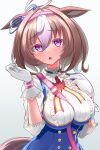  1girl ahoge animal_ears between_breasts breasts brown_hair commentary_request gloves headband highres horse_ears horse_girl horse_tail large_breasts meisho_doto_(umamusume) open_mouth portrait purple_eyes simple_background tail taka_shida umamusume white_background white_gloves 