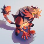  claws colored_sclera commentary_request full_body fusenryo gen_7_pokemon green_eyes highres incineroar pokemon pokemon_(creature) sharp_teeth solo squatting teeth toes yellow_sclera 