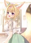  1girl :d animal_ear_fluff animal_ears black_hair blonde_hair blurry blurry_background braid breasts commentary_request depth_of_field fox_ears fox_girl fox_tail green_nails green_skirt heart heart-shaped_pupils hololive mauve medium_breasts multicolored_hair nail_polish omaru_polka open_mouth pink_hair puffy_short_sleeves puffy_sleeves purple_eyes see-through see-through_sleeves shirt short_sleeves skirt smile solo streaked_hair symbol-shaped_pupils tail tail_raised upper_teeth virtual_youtuber white_shirt 