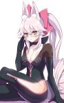  1girl animal_ear_fluff animal_ears bangs black_bodysuit blush bodysuit bow breasts center_opening choker cleavage crossed_legs fate/grand_order fate_(series) fox_ears fox_girl fox_tail glasses hair_between_eyes hair_bow highres hip_vent koyanskaya_(fate) kuwowo large_breasts long_hair looking_at_viewer pink_bow pink_hair ponytail sidelocks sitting smile solo tail tamamo_(fate) thighs yellow_eyes 