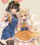  2girls :d ;d animal_ears arknights bag balloon belt bird_mask black_legwear blonde_hair blue_ribbon blue_shorts blush braid breasts brown_hair brown_headwear bubble_wand collared_shirt cowboy_shot dress earrings eyebrows_visible_through_hair feet_out_of_frame flat_chest fox_ears fox_tail frilled_dress frilled_shirt frilled_sleeves frills goggles goggles_on_headwear green_eyes grey_background hair_between_eyes hair_rings hairband handbag hat highres holding holding_balloon infection_monitor_(arknights) jewelry looking_at_viewer magallan_(arknights) mask mask_around_neck medium_breasts medium_hair multicolored_hair multiple_girls multiple_tails neck_ribbon one_eye_closed open_clothes open_mouth open_vest orange_dress orange_shirt overalls pinafore_dress pinwheel pinwheel_earrings ribbon shirt short_hair short_sleeves shorts sigm@ silver_hair simple_background smile streaked_hair suzuran_(arknights) tail thighhighs two-tone_hair vest watch white_belt white_hair white_legwear white_shirt white_vest wing_collar wristwatch yellow_eyes zettai_ryouiki 
