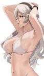  1girl alternate_costume armpits arms_behind_head arms_up bangs bare_shoulders bikini breasts cleavage collarbone corrin_(fire_emblem) corrin_(fire_emblem)_(female) fire_emblem fire_emblem_fates hair_between_eyes hairband highres j@ck large_breasts long_hair red_eyes solo swimsuit underboob wet white_background white_bikini white_hair white_swimsuit 