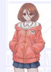  1girl animal_print bear_print brown_eyes brown_hair collared_shirt hair_between_eyes hood hooded_jacket hoodie jacket kaizeru kohinata_poemu long_sleeves panda_print pleated_skirt ponkotsu_fuuki_iin_to_skirt-take_ga_futekisetsu_na_jk_no_hanashi ringed_eyes school_uniform shirt short_hair skirt solo zipper 