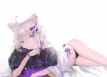  1girl aa-12_(girls&#039;_frontline) bare_legs black_panties blue_eyes bracelet candy earrings eyebrows_visible_through_hair food girls&#039;_frontline hair_ornament hairclip jewelry legs lollipop long_hair looking_at_viewer lying navel on_bed on_side panties pillow pillow_hug qiujiao shirt silver_hair solo star_(symbol) star_earrings underwear white_background white_shirt 