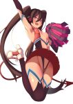  black_panties bombergirl brown_hair cheerleader cosplay grim_aloe grim_aloe_(cosplay) heart heart-shaped_pupils highres leotard nipple_slip nipples panties symbol-shaped_pupils twintails underwear wat_(worldlog) 