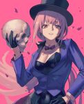  1girl bangs black_gloves black_hair black_headwear black_skirt blue_jacket breasts cleavage gloves hand_on_hip highres holding holding_skull hololive hololive_english jacket long_hair looking_at_viewer mori_calliope necktie open_mouth pink_background pink_hair ponytail purple_neckwear red_eyes simple_background skirt skull smile solo sooon standing very_long_hair 