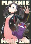  1girl black_choker black_hair black_jacket character_name choker closed_mouth dress earrings gen_8_pokemon green_eyes hair_ribbon highres holding holding_poke_ball jacket jewelry long_hair long_sleeves looking_at_viewer marnie_(pokemon) morpeko morpeko_(hangry) nail_polish pink_dress poke_ball poke_ball_(basic) pokemon pokemon_(creature) pokemon_(game) pokemon_swsh ribbon riku_(ukir125) simple_background twintails 