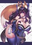  1girl :d absurdres animal_ear_fluff animal_ears antenna_hair bare_shoulders bow breasts choker cleavage collarbone cosplay detached_sleeves eyebrows_visible_through_hair fate_(series) feet_out_of_frame fluffy fox_ears fox_girl fox_tail hair_between_eyes hair_ornament hair_ribbon hand_on_own_chest highres japanese_clothes kimono knees_out_of_frame large_breasts merryweather nyarla_(osiimi) open_mouth osiimi purple_eyes purple_hair purple_nails ribbon sharp_teeth sidelocks smile solo standing tail tamamo_(fate) tamamo_cat_(fate) tamamo_no_mae_(fate/extra) tamamo_no_mae_(fate/extra)_(cosplay) teeth thighhighs twintails 
