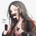  1girl alternate_costume bangs bit_gag black_hair blush brown_hair commentary_request food food_in_mouth gag grey_ribbon hair_ribbon holding holding_food japanese_clothes kamado_nezuko kimetsu_no_yaiba kimono long_hair long_sleeves mouth_hold multicolored_hair pink_eyes ribbon simple_background solo sushi tanu0706 translation_request white_background 